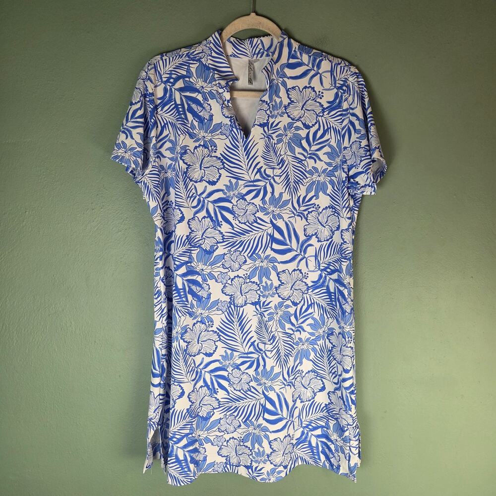 Lulu B Womens XL Blue Hibiscus Coast Short Sleeve VNeck Dress Stretch Travel